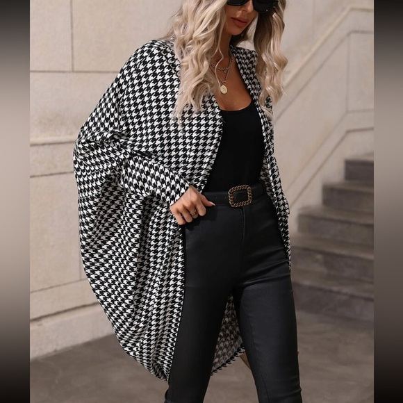 Classic Houndstooth Plaid Batwing Sleeve Open Front Cover UP Coat LIGHTWEIGHT - Picture 5 of 11